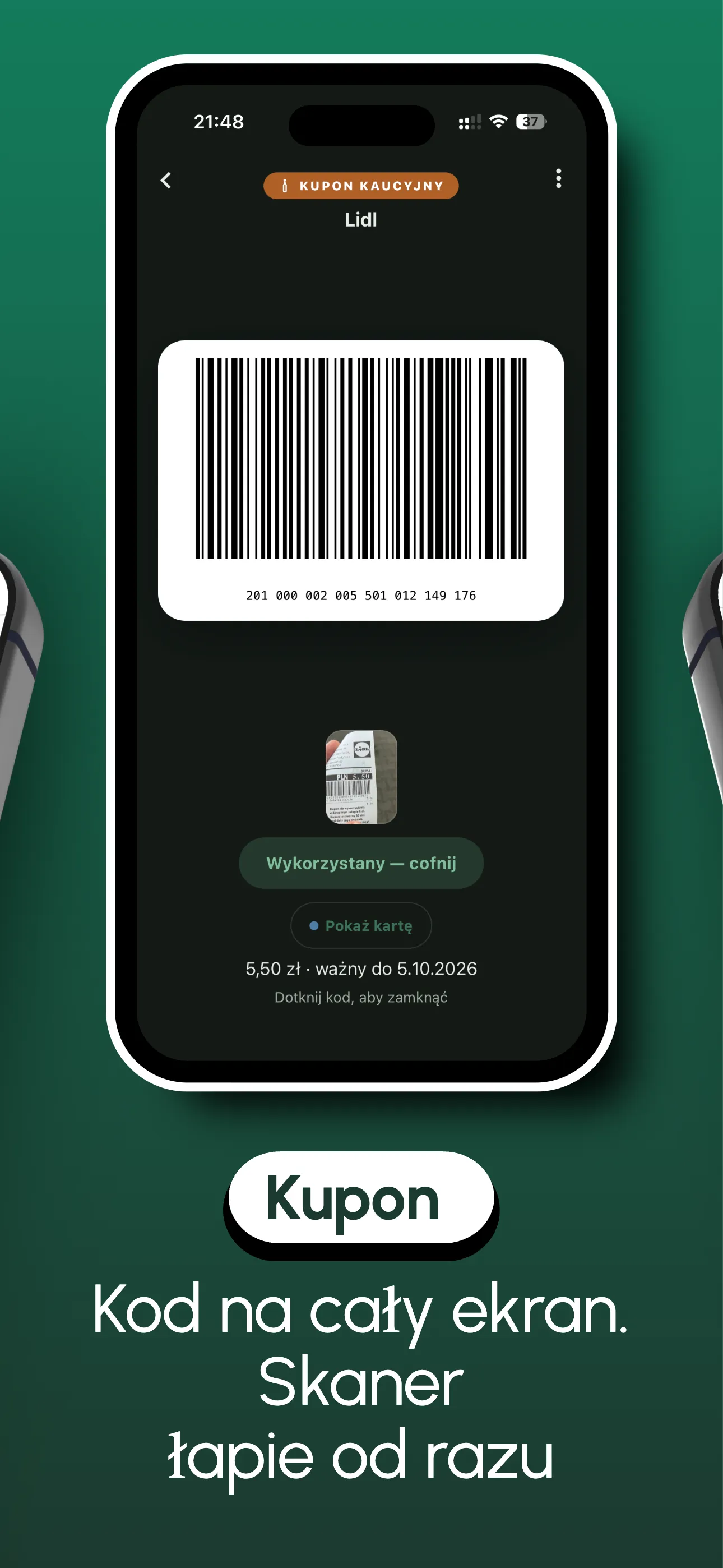 A voucher with its barcode full screen, ready to show at the till